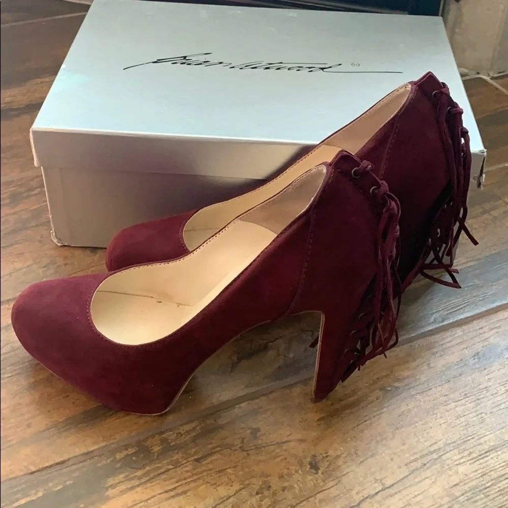 Brian Atwood suede fringe platform heels